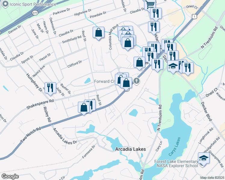 map of restaurants, bars, coffee shops, grocery stores, and more near 7355 Middle Street in Columbia