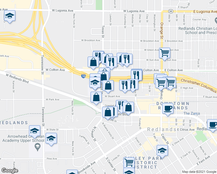 map of restaurants, bars, coffee shops, grocery stores, and more near 601 Lawton Street in Redlands