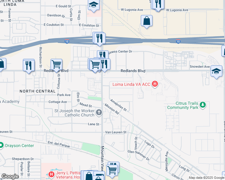 map of restaurants, bars, coffee shops, grocery stores, and more near 25806 Lomas Verdes Street in Redlands