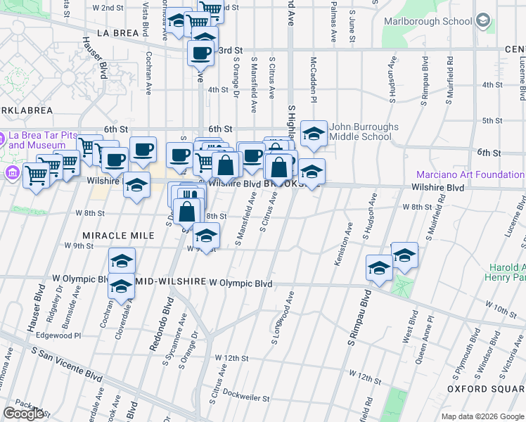 map of restaurants, bars, coffee shops, grocery stores, and more near 750 South Mansfield Avenue in Los Angeles