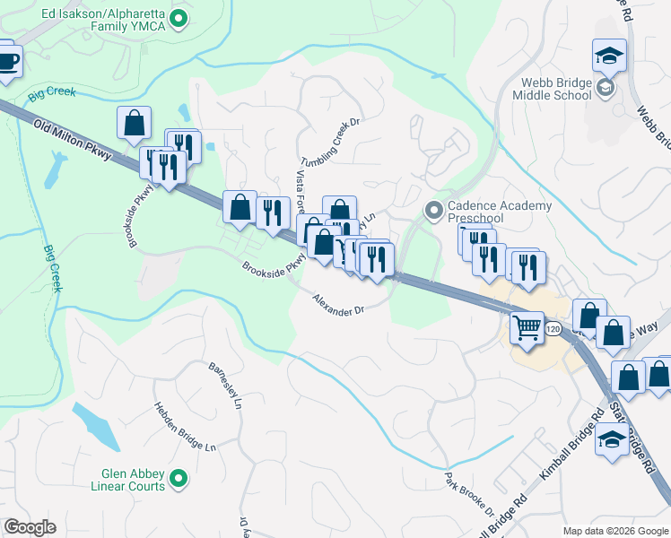 map of restaurants, bars, coffee shops, grocery stores, and more near 4005 State Bridge Road in Alpharetta