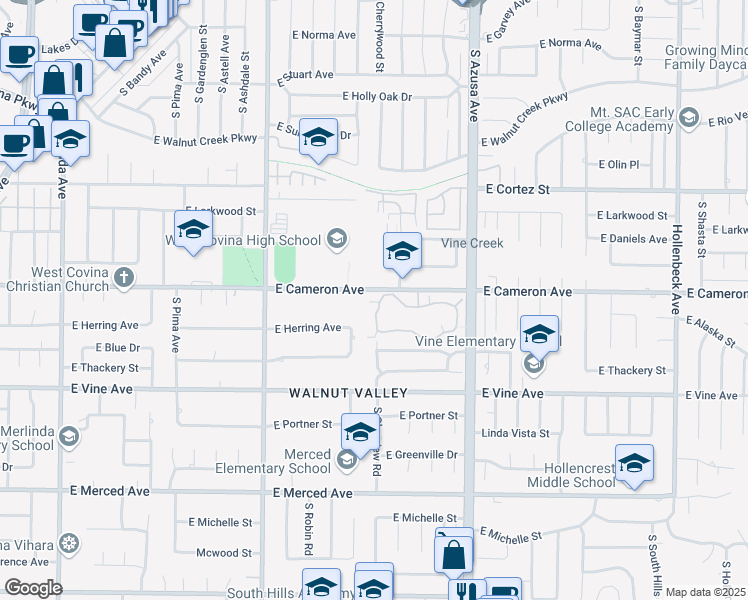 map of restaurants, bars, coffee shops, grocery stores, and more near 1637 Aspen Village Way in West Covina