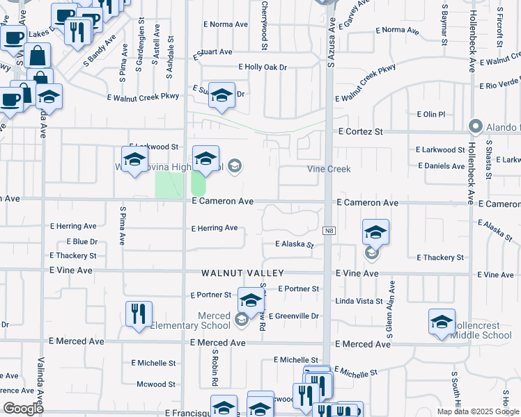 map of restaurants, bars, coffee shops, grocery stores, and more near 1637 Aspen Village Way in West Covina