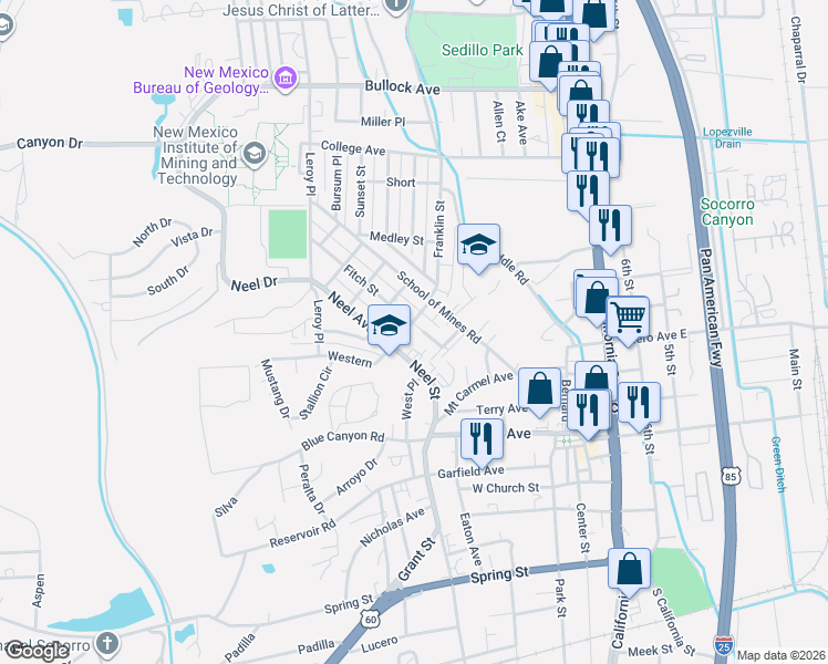 map of restaurants, bars, coffee shops, grocery stores, and more near 407 Fitch Street in Socorro