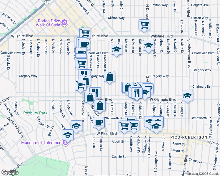 map of restaurants, bars, coffee shops, grocery stores, and more near 337 South Elm Drive in Beverly Hills