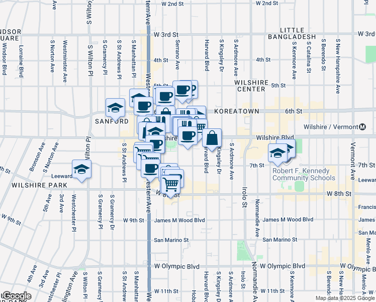 map of restaurants, bars, coffee shops, grocery stores, and more near 3680 Wilshire Boulevard in Los Angeles