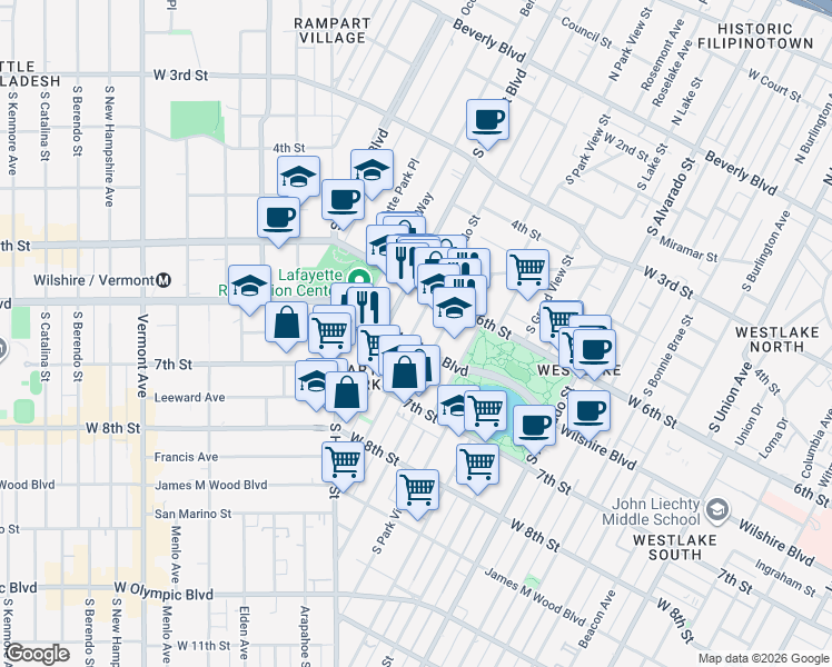 map of restaurants, bars, coffee shops, grocery stores, and more near 2525 Wilshire Boulevard in Los Angeles