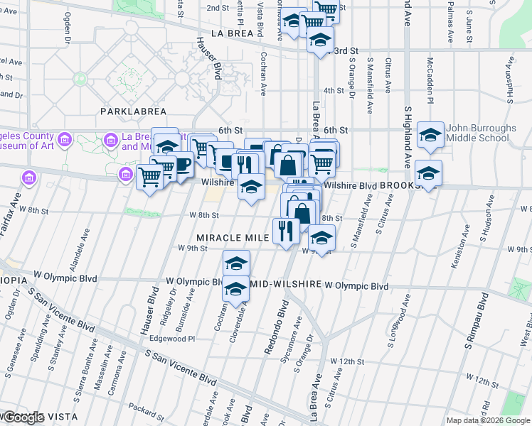 map of restaurants, bars, coffee shops, grocery stores, and more near 5403 West 8th Street in Los Angeles