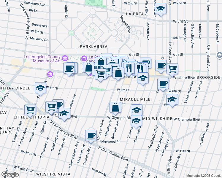 map of restaurants, bars, coffee shops, grocery stores, and more near 5669 West 8th Street in Los Angeles