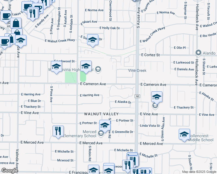 map of restaurants, bars, coffee shops, grocery stores, and more near 1637 Aspen Village Way in West Covina