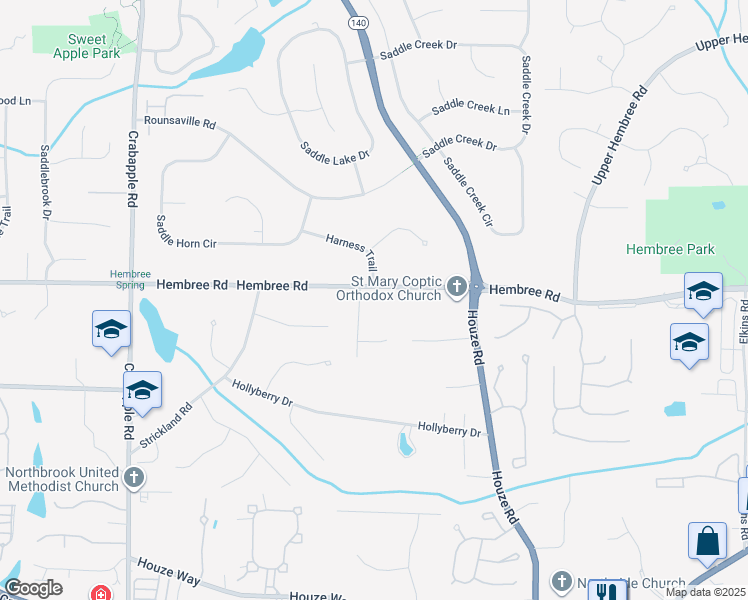 map of restaurants, bars, coffee shops, grocery stores, and more near 605 Hembree Road in Roswell