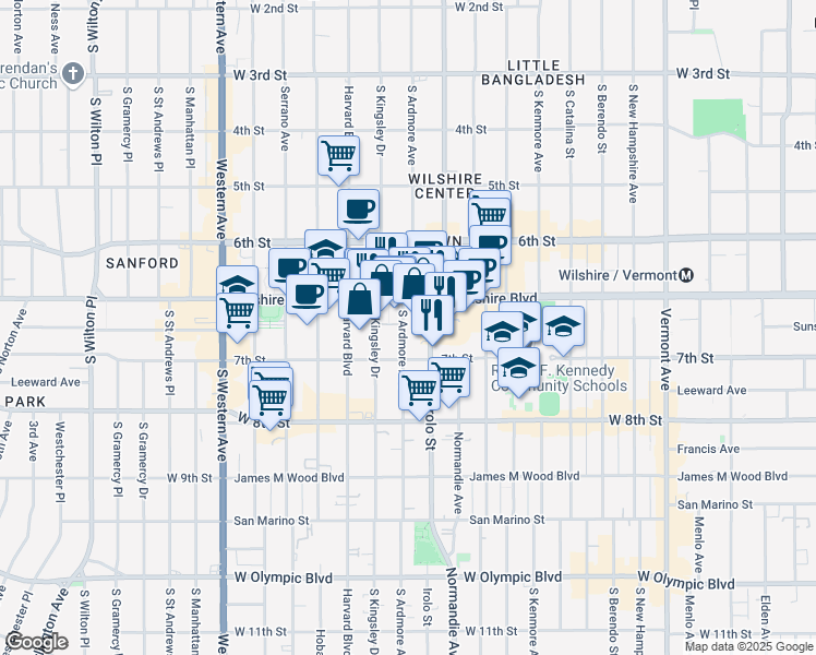 map of restaurants, bars, coffee shops, grocery stores, and more near 678 South Ardmore Avenue in Los Angeles