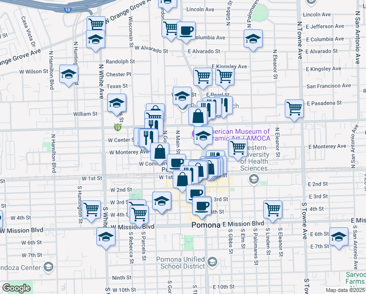 map of restaurants, bars, coffee shops, grocery stores, and more near 177 West Monterey Avenue in Pomona