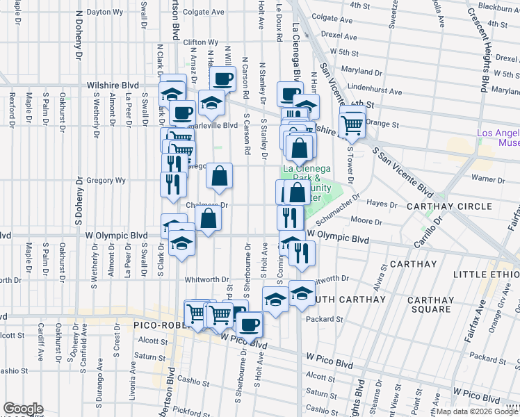 map of restaurants, bars, coffee shops, grocery stores, and more near 8610 Chalmers Drive in Los Angeles