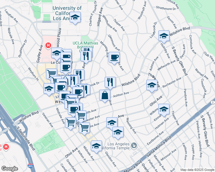 map of restaurants, bars, coffee shops, grocery stores, and more near 10763 Wilshire Boulevard in Los Angeles