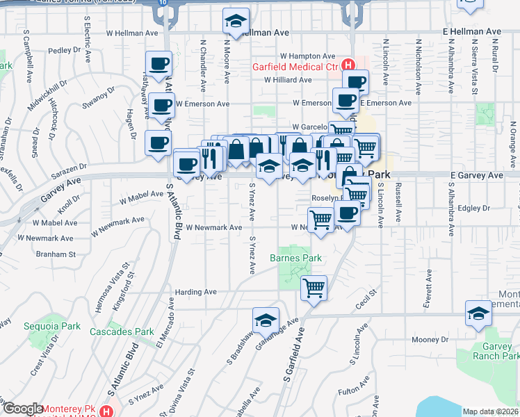 map of restaurants, bars, coffee shops, grocery stores, and more near 225 South Mc Pherrin Avenue in Monterey Park