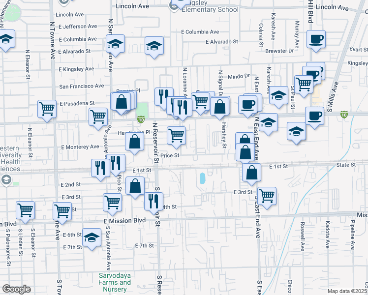 map of restaurants, bars, coffee shops, grocery stores, and more near 248 North Loranne Avenue in Pomona