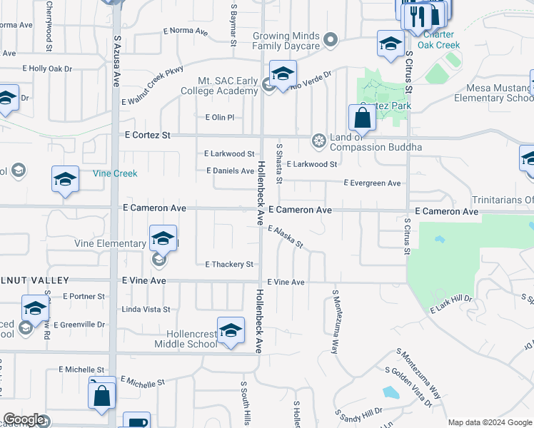 map of restaurants, bars, coffee shops, grocery stores, and more near 802 South Hollenbeck Street in West Covina