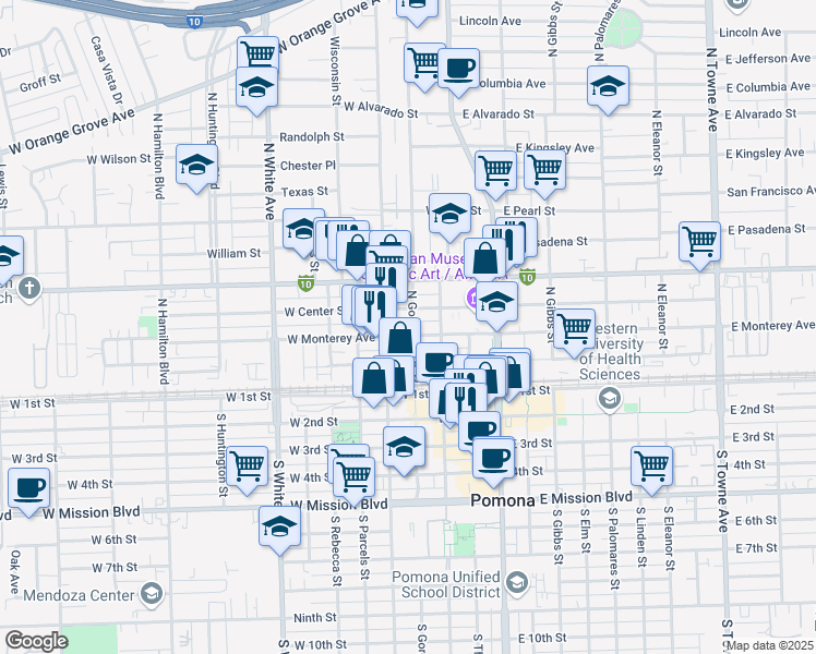 map of restaurants, bars, coffee shops, grocery stores, and more near 335 North Gordon Street in Pomona