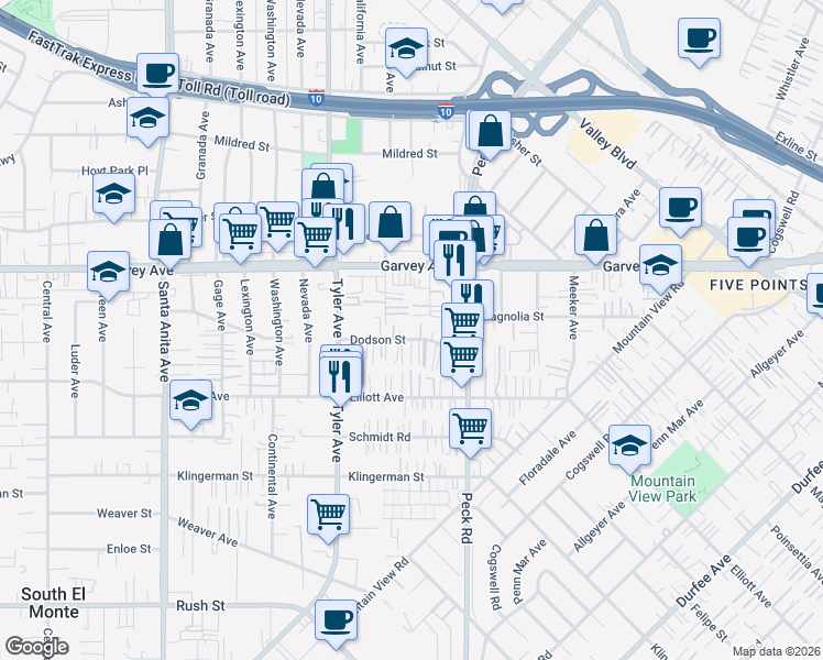 map of restaurants, bars, coffee shops, grocery stores, and more near 11131 Dodson Street in El Monte