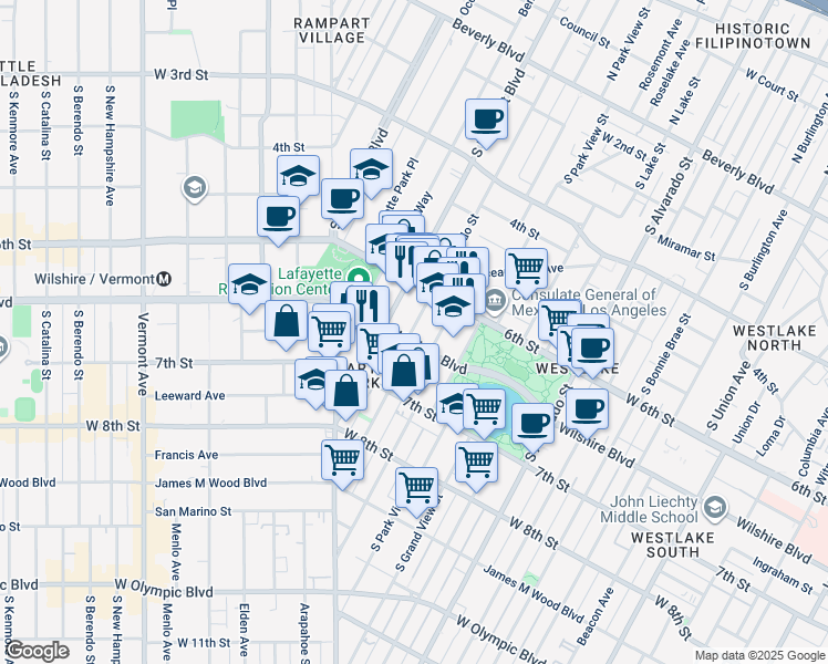 map of restaurants, bars, coffee shops, grocery stores, and more near 2525 Wilshire Boulevard in Los Angeles