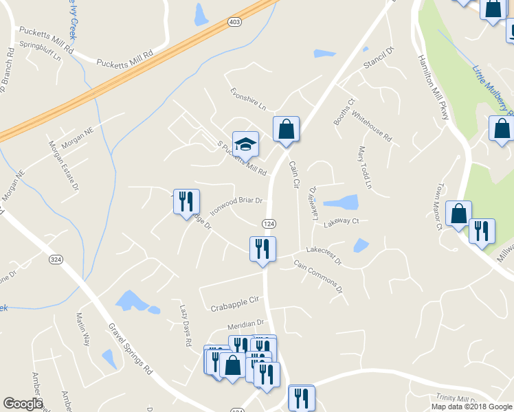 map of restaurants, bars, coffee shops, grocery stores, and more near 2945 Ironwood Briar Drive in Dacula