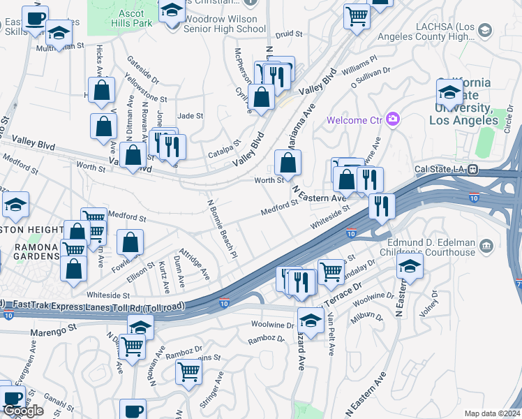 map of restaurants, bars, coffee shops, grocery stores, and more near 3951 Medford Street in Los Angeles