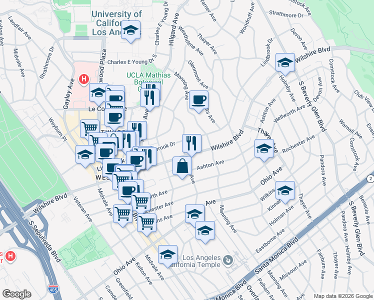 map of restaurants, bars, coffee shops, grocery stores, and more near 10747 Wilshire Boulevard in Los Angeles