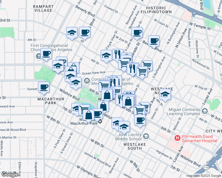 map of restaurants, bars, coffee shops, grocery stores, and more near 521 South Alvarado Street in Los Angeles