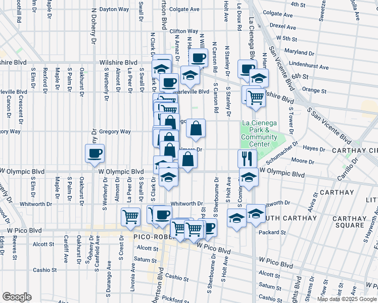 map of restaurants, bars, coffee shops, grocery stores, and more near 8700 Chalmers Drive in Los Angeles