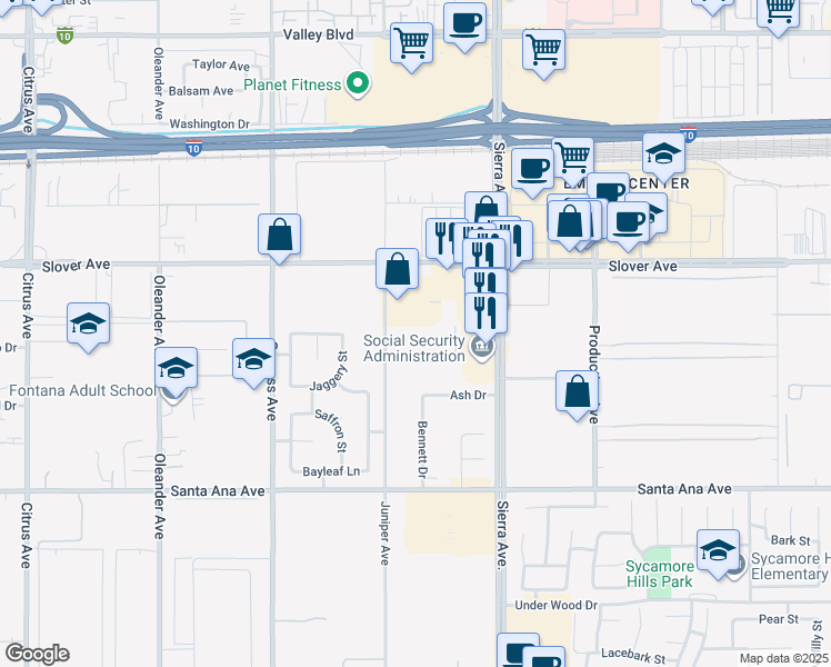 map of restaurants, bars, coffee shops, grocery stores, and more near 10641 Juniper Avenue in Fontana