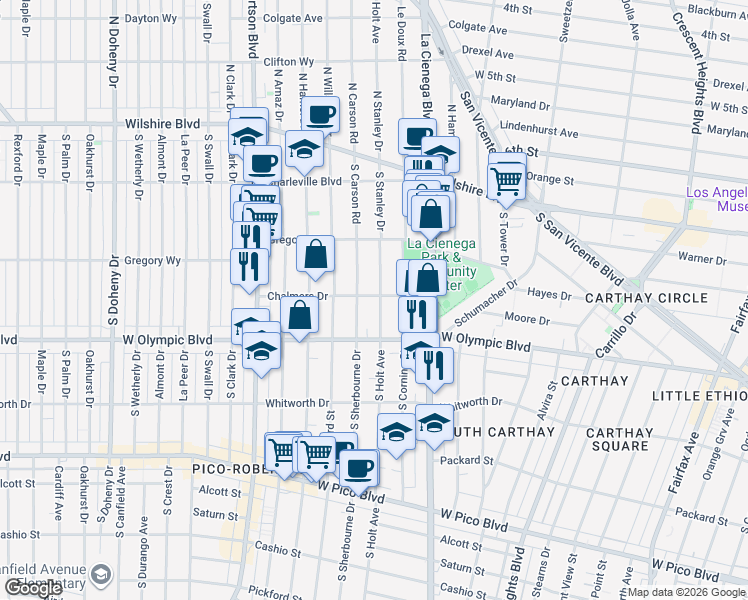 map of restaurants, bars, coffee shops, grocery stores, and more near 8610 Chalmers Drive in Los Angeles