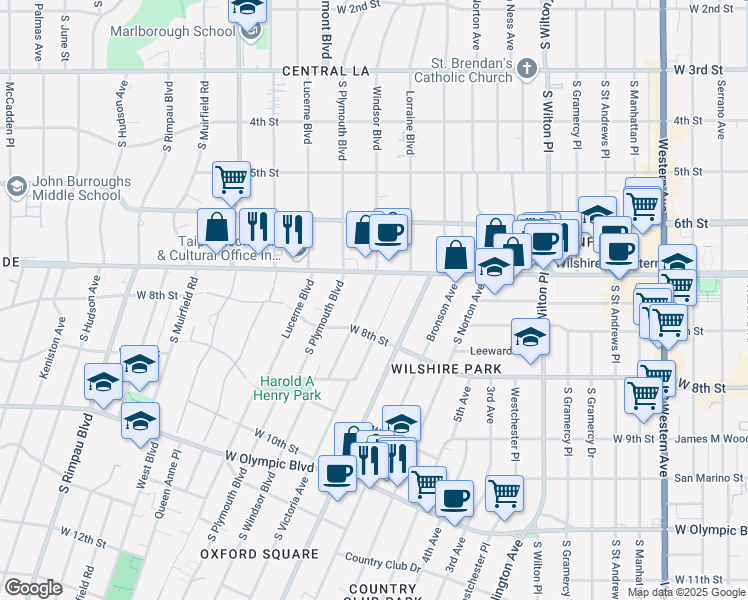 map of restaurants, bars, coffee shops, grocery stores, and more near 728 South Windsor Boulevard in Los Angeles