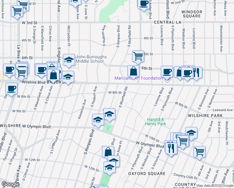 map of restaurants, bars, coffee shops, grocery stores, and more near 810 South Mullen Avenue in Los Angeles