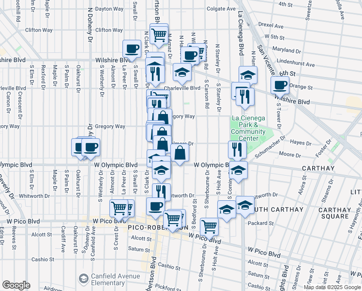 map of restaurants, bars, coffee shops, grocery stores, and more near 8700 Chalmers Drive in Los Angeles