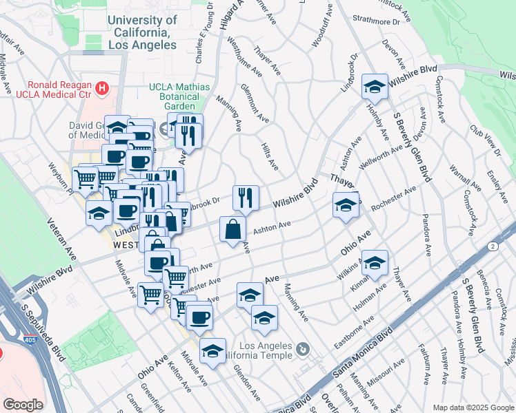 map of restaurants, bars, coffee shops, grocery stores, and more near 10717 Wilshire Boulevard in Los Angeles