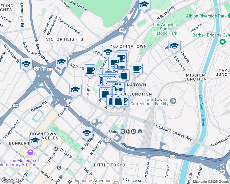 map of restaurants, bars, coffee shops, grocery stores, and more near 702 North Broadway in Los Angeles