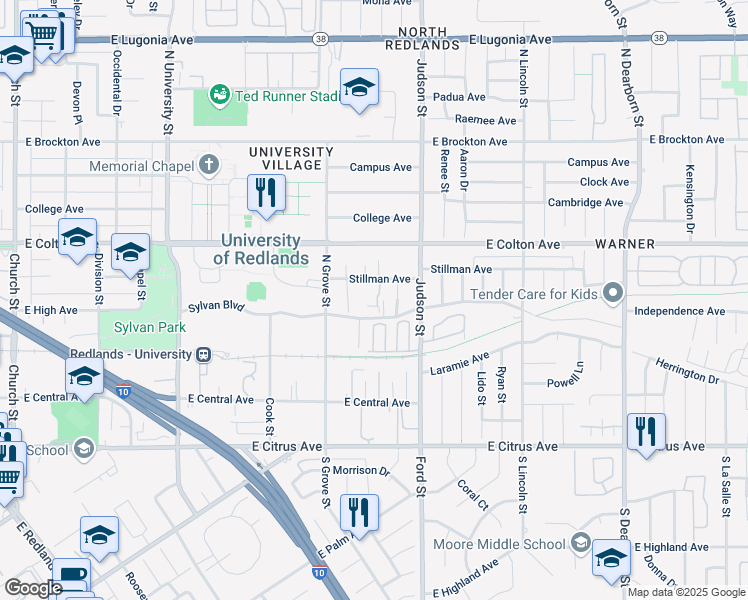 map of restaurants, bars, coffee shops, grocery stores, and more near 600 Jeremy Court in Redlands