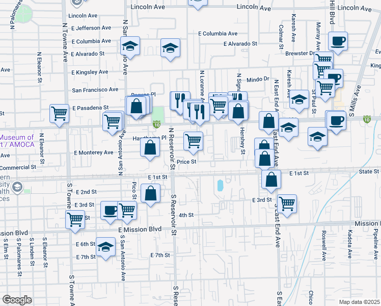 map of restaurants, bars, coffee shops, grocery stores, and more near 246 North Loranne Avenue in Pomona