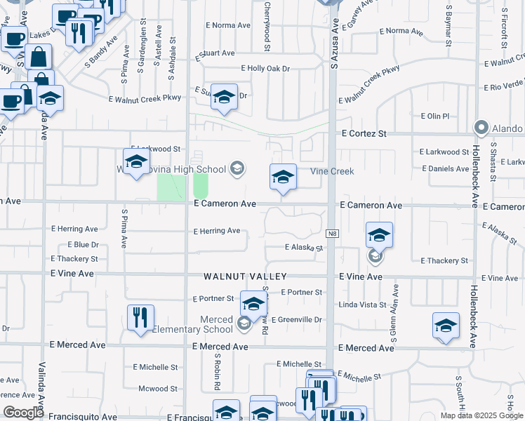 map of restaurants, bars, coffee shops, grocery stores, and more near 1637 Aspen Village Way in West Covina