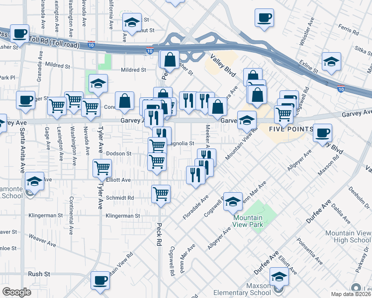 map of restaurants, bars, coffee shops, grocery stores, and more near 11403 Dodson Street in El Monte