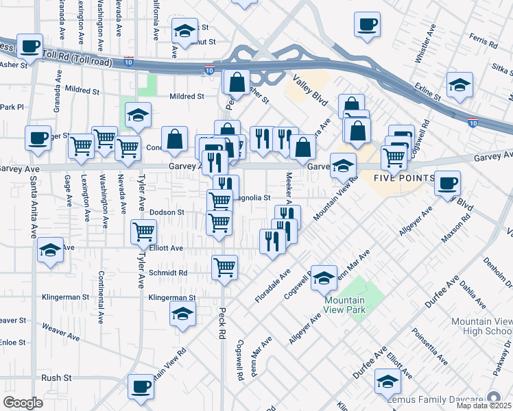 map of restaurants, bars, coffee shops, grocery stores, and more near 11403 Dodson Street in El Monte