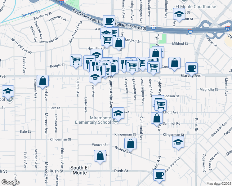 map of restaurants, bars, coffee shops, grocery stores, and more near 2657 Gage Avenue in South El Monte