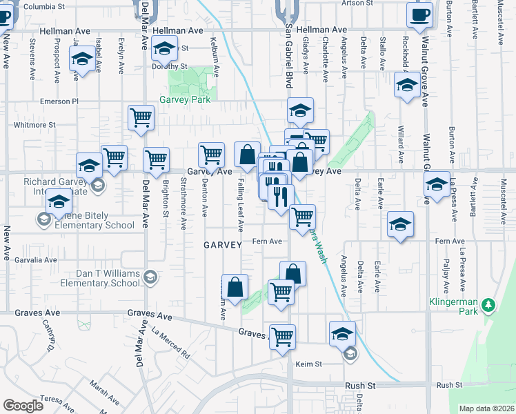 map of restaurants, bars, coffee shops, grocery stores, and more near 2643 Pine Street in Rosemead