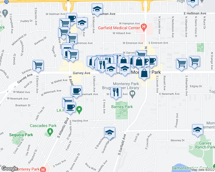 map of restaurants, bars, coffee shops, grocery stores, and more near 225 South Mc Pherrin Avenue in Monterey Park