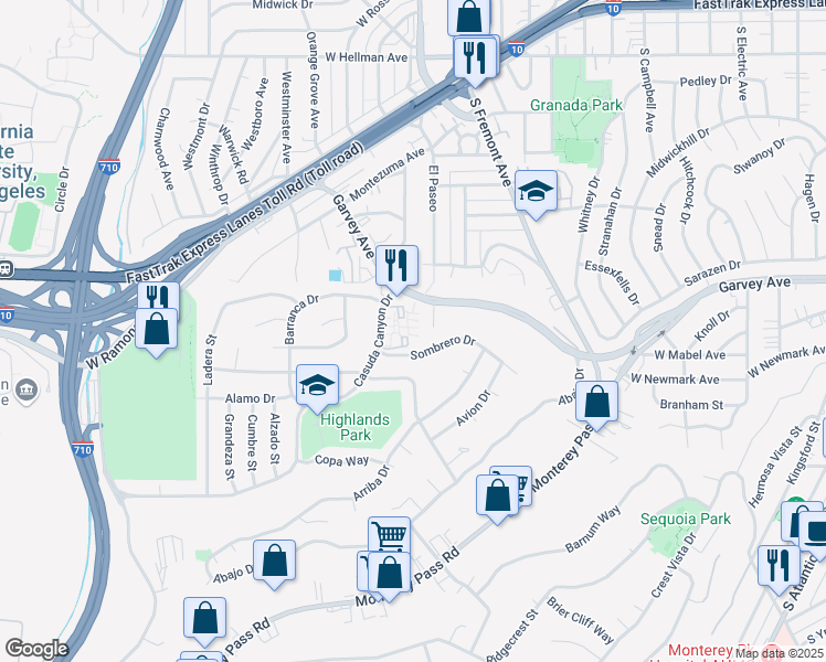 map of restaurants, bars, coffee shops, grocery stores, and more near 148 Casuda Canyon Drive in Monterey Park