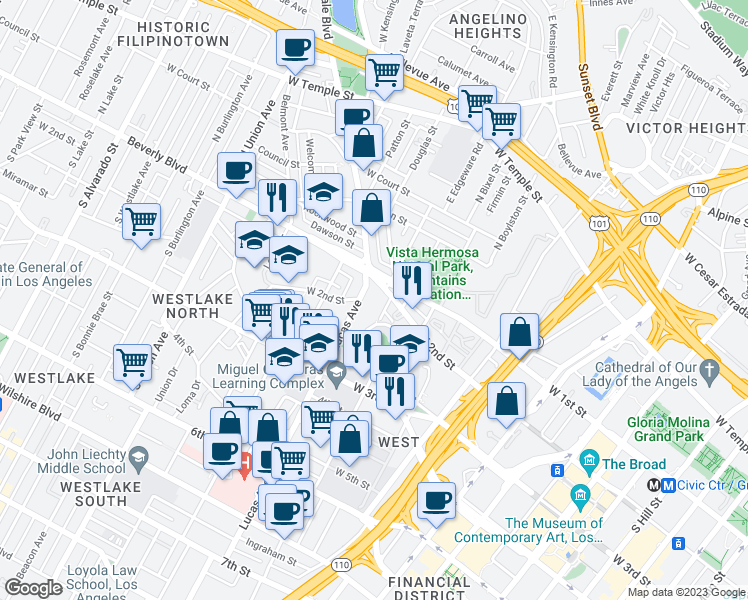 map of restaurants, bars, coffee shops, grocery stores, and more near 202 Lucas Avenue in Los Angeles