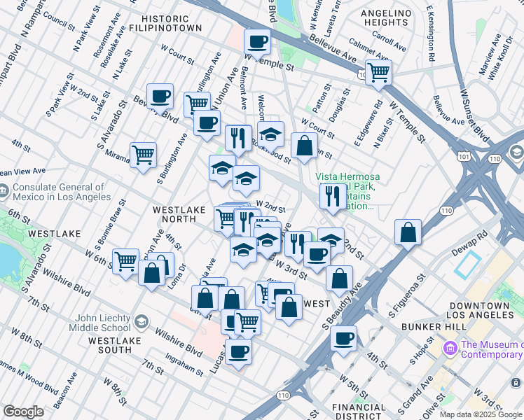 map of restaurants, bars, coffee shops, grocery stores, and more near 208 Witmer Street in Los Angeles