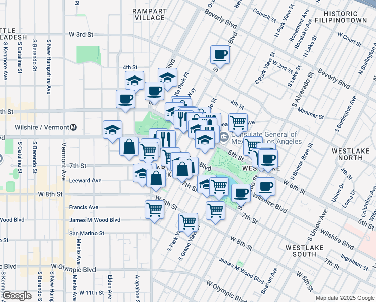 map of restaurants, bars, coffee shops, grocery stores, and more near 2525 Wilshire Boulevard in Los Angeles