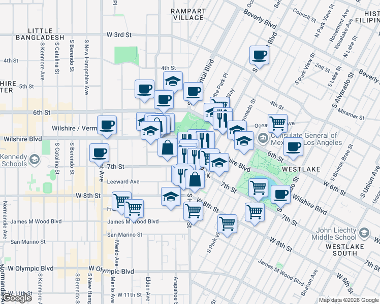 map of restaurants, bars, coffee shops, grocery stores, and more near in Los Angeles